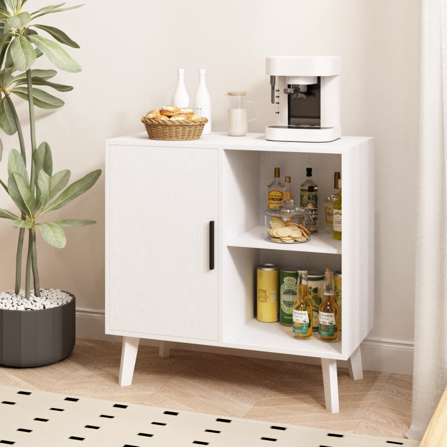 Wood Storage Cabinet, Modern Accent Buffet Cabinet, Free Standing Sideboard and Buffet Storage with Door and Shelves, Buffet Sideboard for Bedroom, Living Room, Kitchen or Hallway (White)