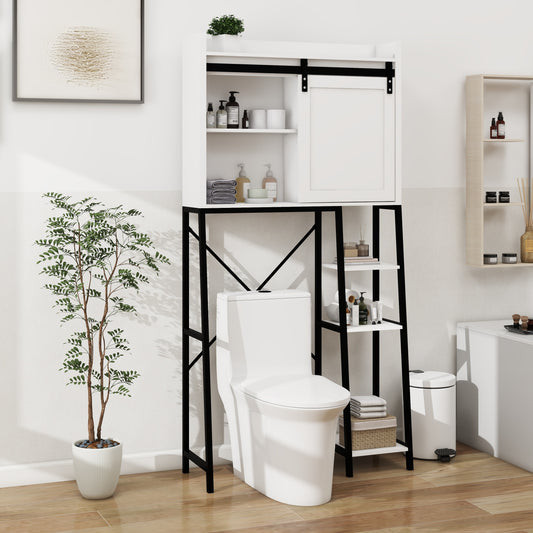 Over The Toilet Storage Cabinet, Bathroom Shelves Over Toilet with Sliding Barn Door,Adjustable Shelves and Side Storage Rack-White