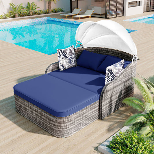 GO 79.9" Outdoor Sunbed with Adjustable Canopy, Daybed With Pillows, Double lounge, PE Rattan Daybed, Gray Wicker And Blue Cushion