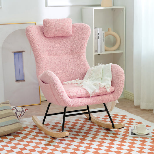 Rocking Chair Nursery, Teddy Upholstered Rocker Glider Chair with High Backrest, Adjustable Headrest & Pocket, Comfy Glider Chair for Nursery, Bedroom, Living Room, Offices, Rubber wood, pink