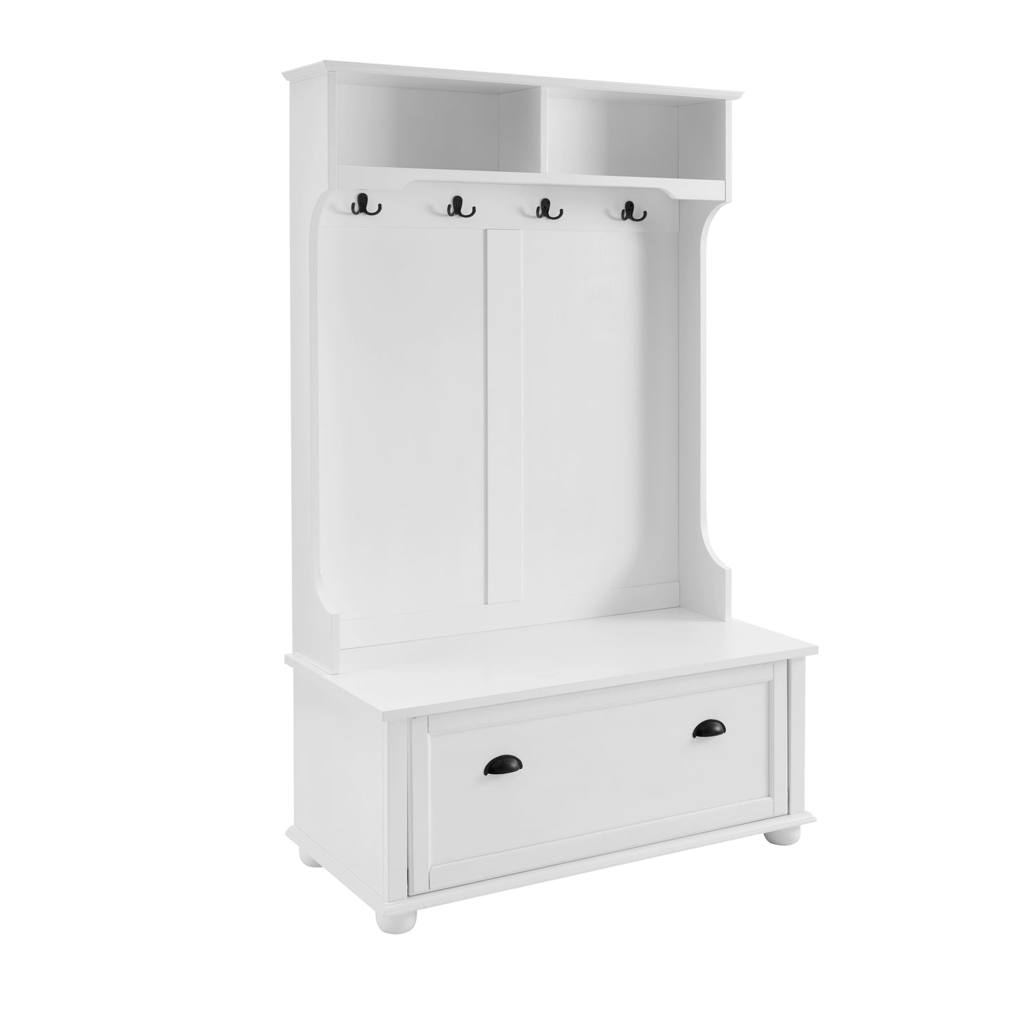 Classic Cosatal Style Hall Tree Entryway Bench with Open Shelves and Shoe Cabinets, SOLID WOOD Feet, White, 40.16"W*18.58"D*64.17"H