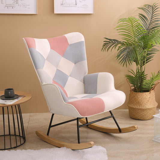 Accent Rocking Chair, Mid Century Fabric Rocker Chair with Wood Legs and Patchwork Linen for Livingroom Bedroom