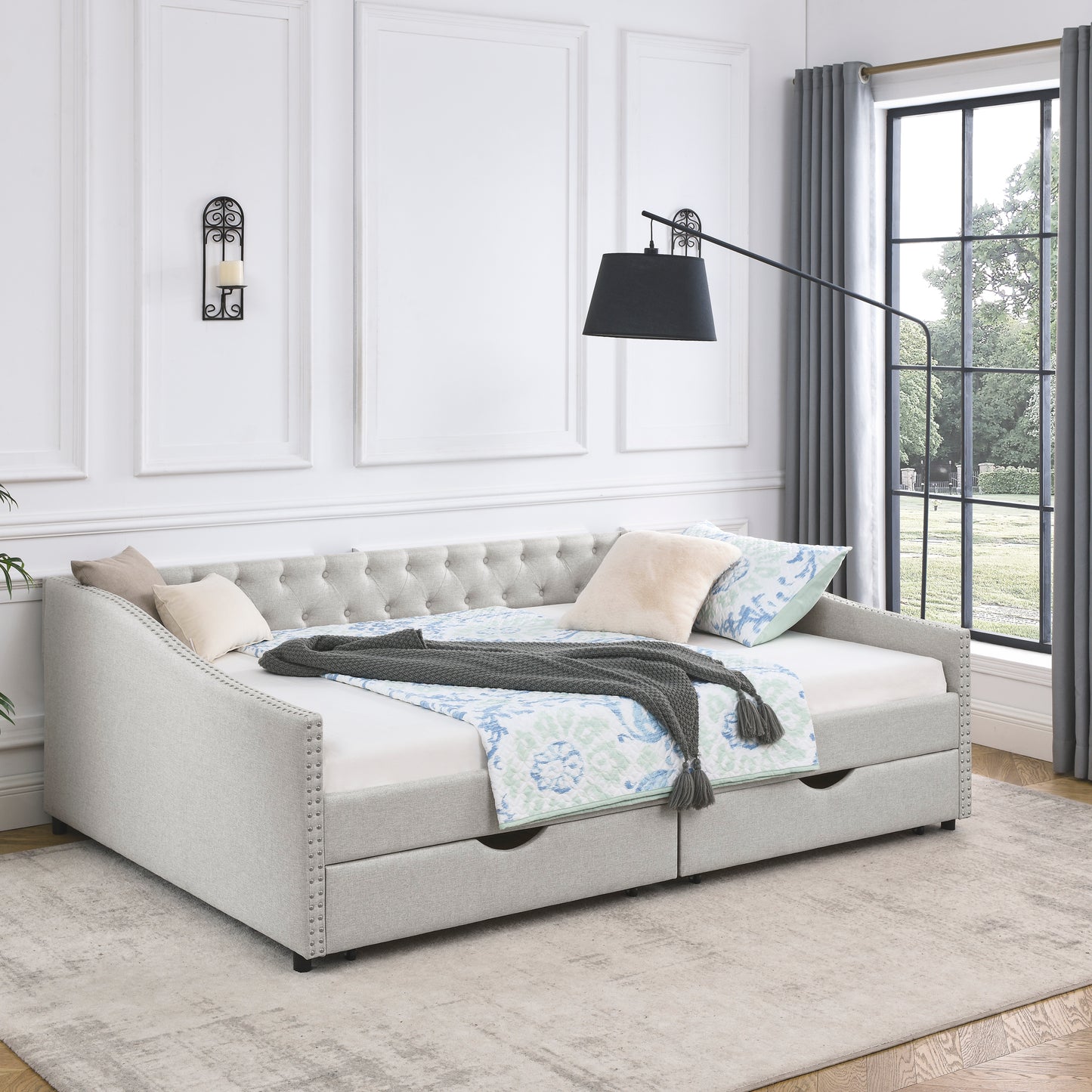 Queen Size Daybed with Drawers Upholstered Tufted Sofa Bed,,with Button on Back and Copper Nail on Waved Shape Arms, Beige (84.5"x63.5"x26.5")