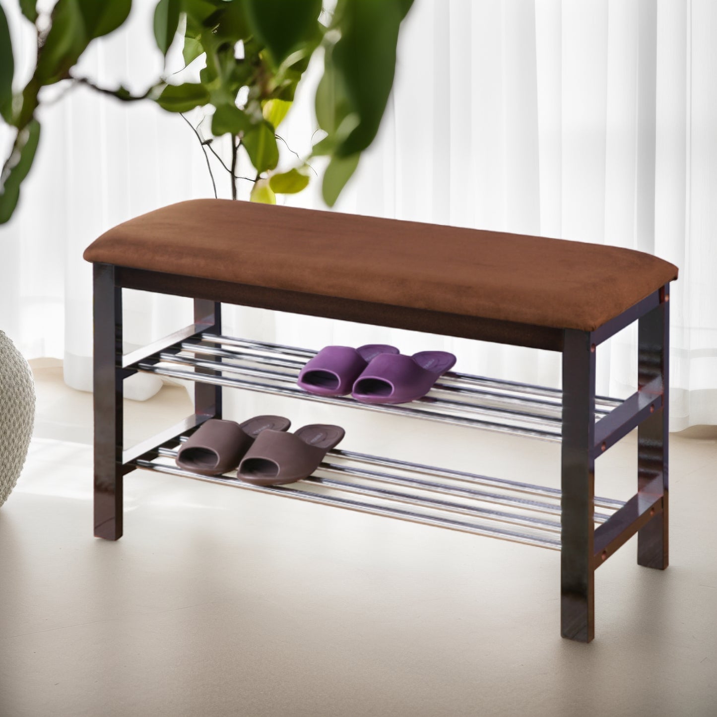Wood Shoe Bench with Chocolate Microfiber Seat, Espresso