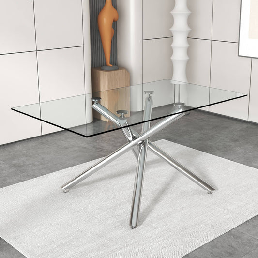 Large Modern Minimalist Rectangular Glass Dining Table for 6-8 with 0.39" Tempered Glass Tabletop and Silver Chrome Metal Legs, for Kitchen Dining Living Meeting Room Banquet hall,63''x35''x 29''1537
