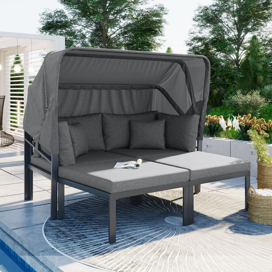 TOPMAX 3-Piece Patio Daybed with Retractable Canopy Outdoor Metal Sectional Sofa Set Sun Lounger with Cushions for Backyard, Porch, Poolside,Grey