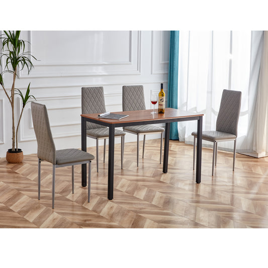 Retro style dining table and chair hotel dining table and chair conference chair outdoor activity chair pu leather high elastic fireproof sponge dining table and chair Five-piece set（dark coffee+gray)