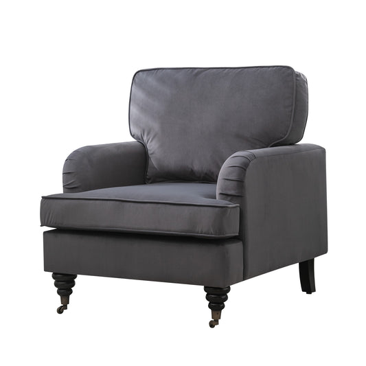 Velvet Accent Chair, Sofa Armchair with Casters, Mid-Century Modern Velvet Upholstered Comfort Oversized Armchair with Wooden Legs, Reading Chair，Living Room Chair, Dark  Grey