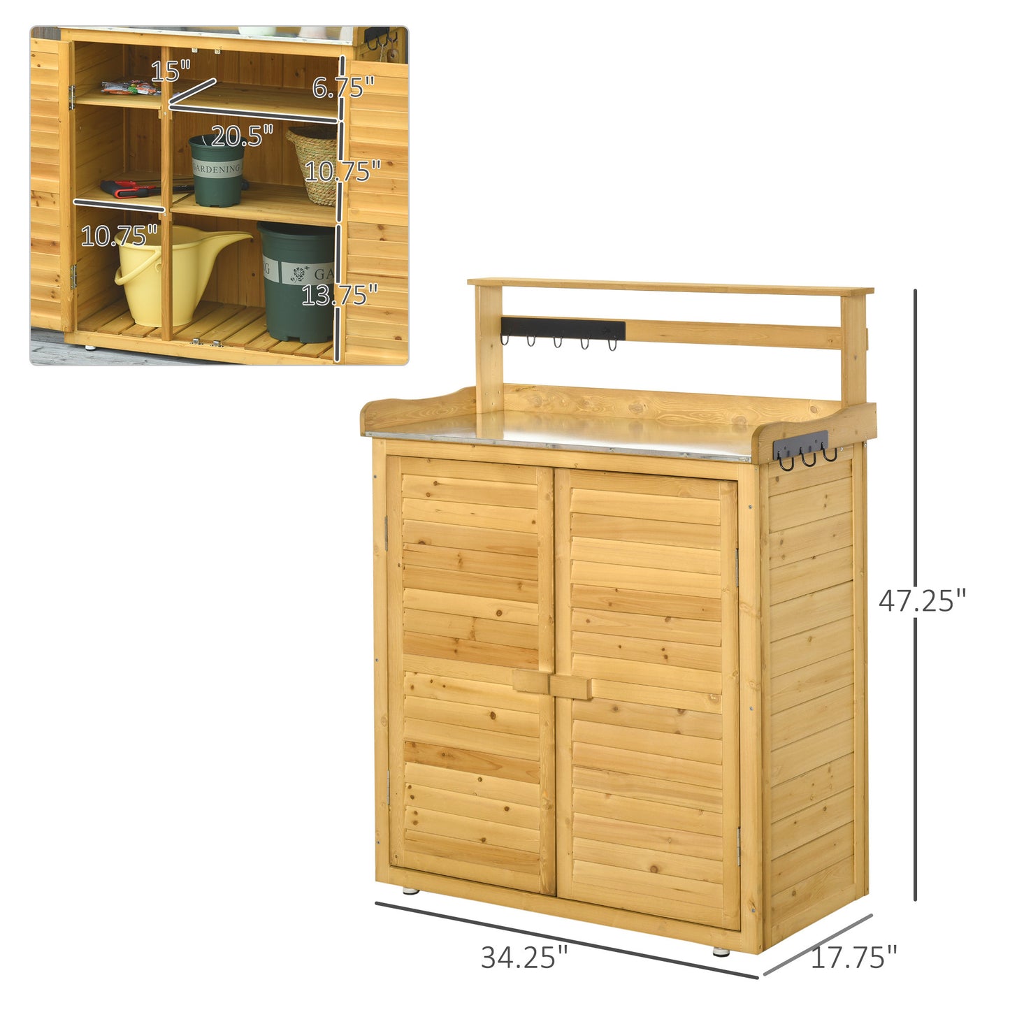 Garden Potting Bench Table Wooden Workstation Shed with Tabletop, Hooks, 3-Tier Shelves Cabinet and 2 Magnetic Close Doors