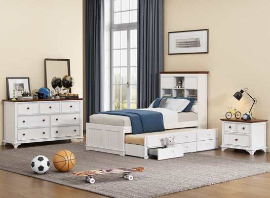 3 Pieces Wooden Captain Bedroom Set Twin Bed with Trundle, Nightstand and Dresser, White + Walnut
