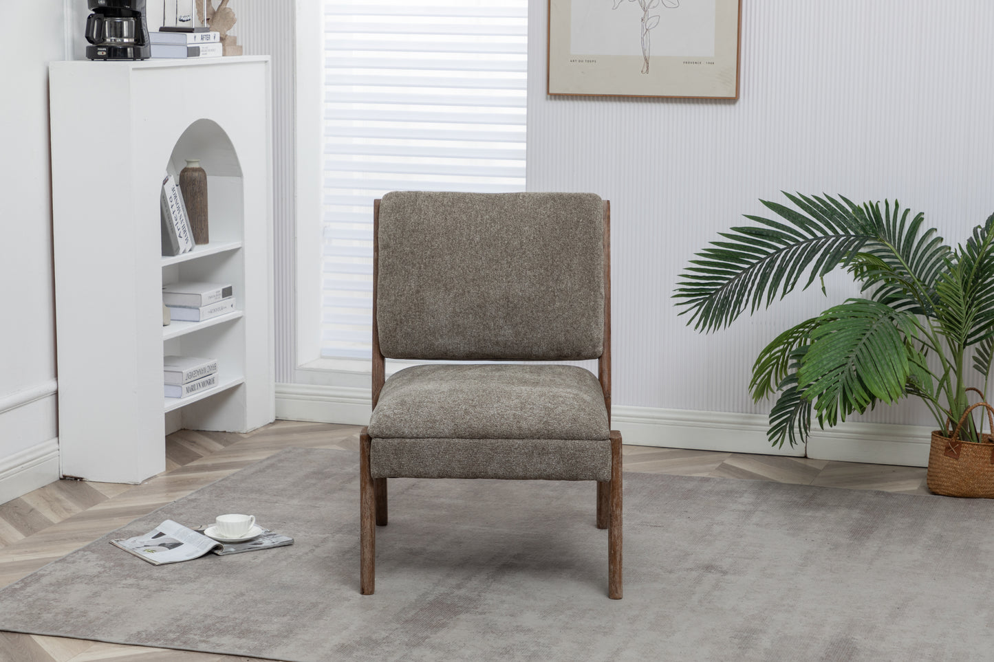 FONDHOME Chenille Single Accent Chair, Wooden Legs, Thick Upholstery, High Density Foam, Small Modern Armless Chair For Living Room Bedroom, Khaki