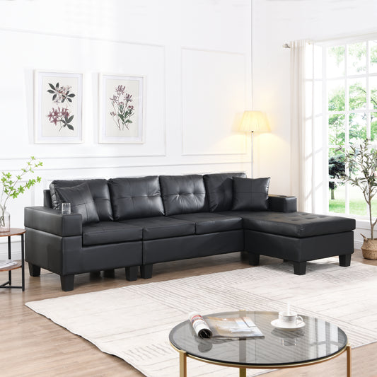 Sectional Sofa Set for Living Room with L Shape Chaise Lounge ,cup holder and Left or Right Hand Chaise Modern 4 Seat (BLACK)