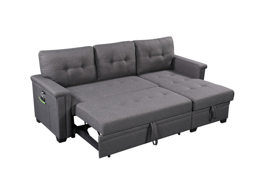 Ashlyn 84" Dark Gray Reversible Sleeper Sectional Sofa with Storage Chaise, USB Charging Ports and Pocket