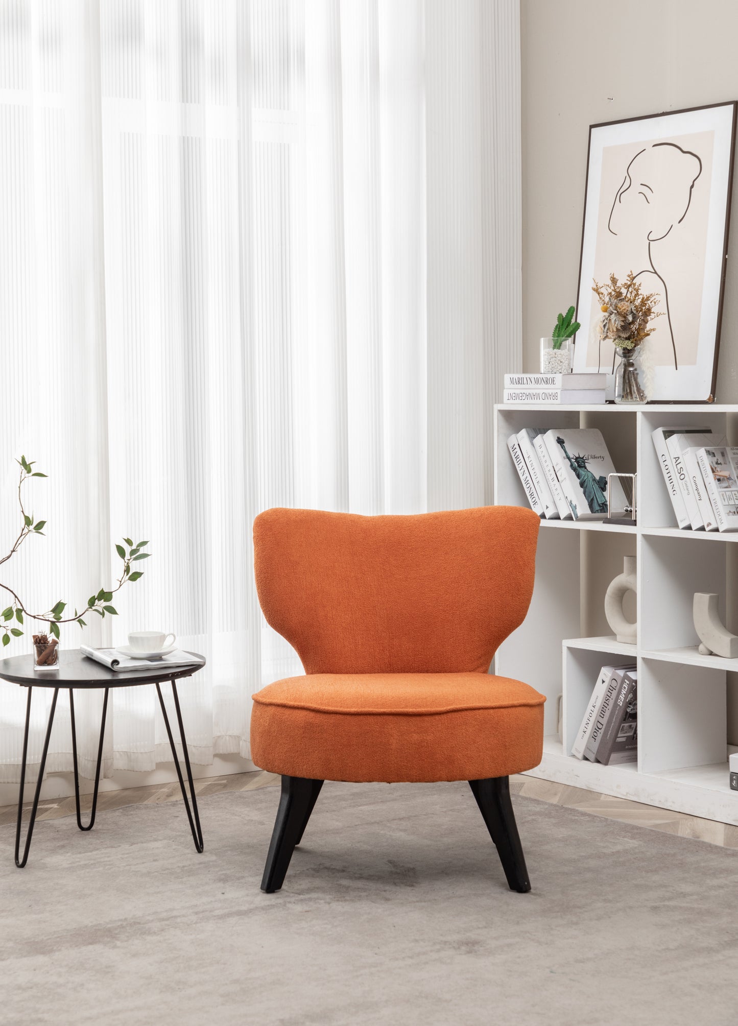 Teddy velvet Single accent chair, wooden legs, padded upholstery, High density foam, small modern armless chair, living room bedroom, ORANGE