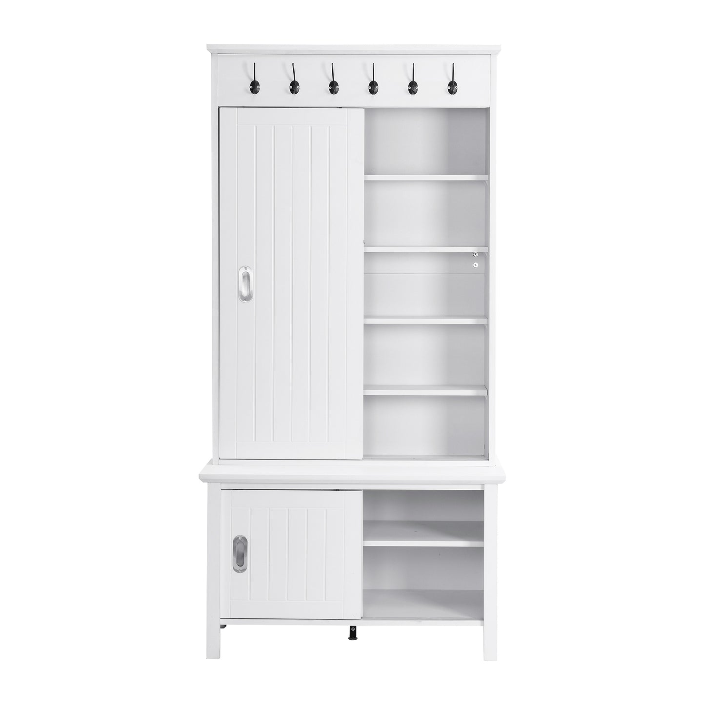 ON-TREND Multifunctional Hall Tree with Sliding Doors, Wooden Hallway Shoe Cabinet with Storage Bench and Shelves, Mudroom Coat Storage with Hanging Hooks for Entryways, White