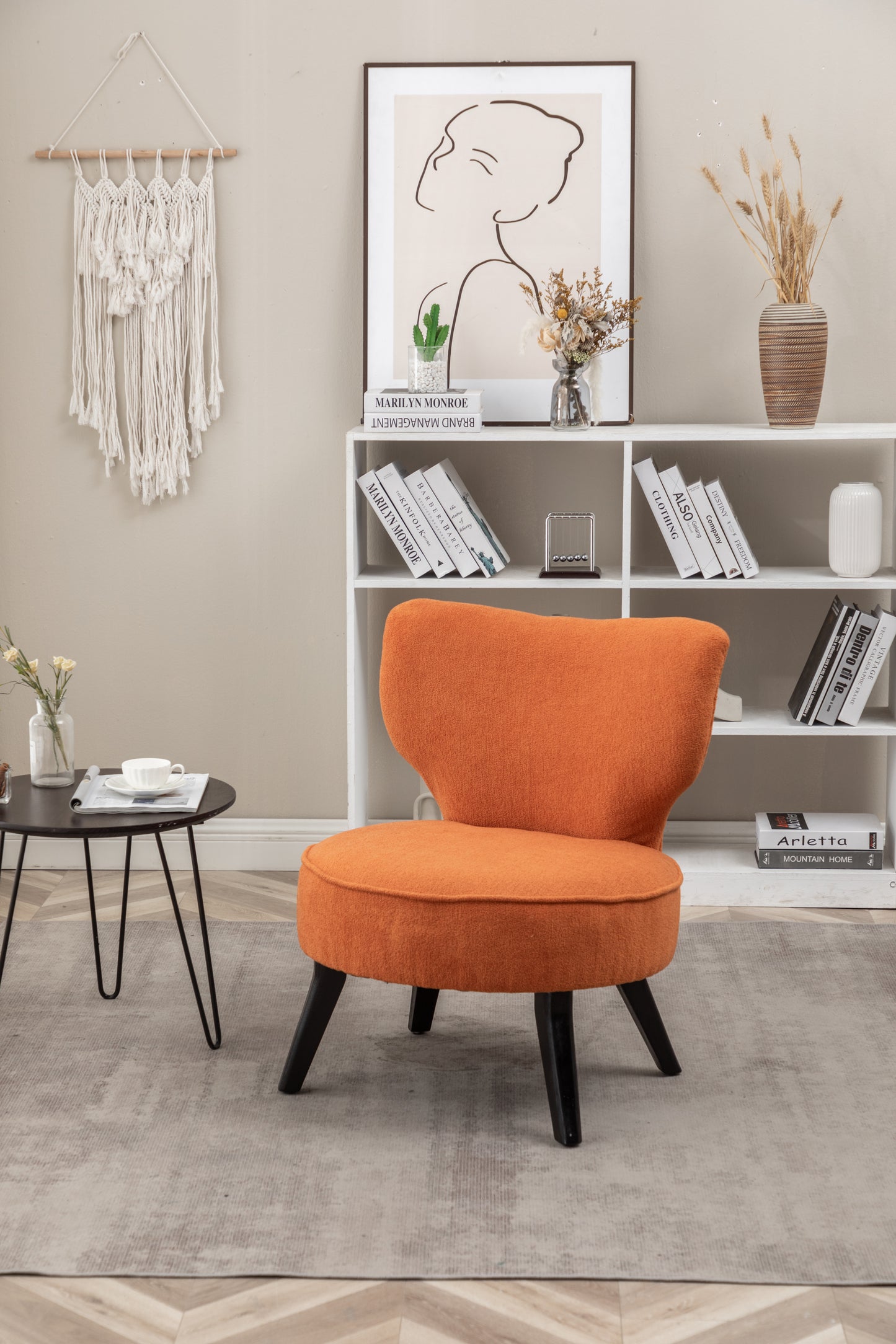 Teddy velvet Single accent chair, wooden legs, padded upholstery, High density foam, small modern armless chair, living room bedroom, ORANGE