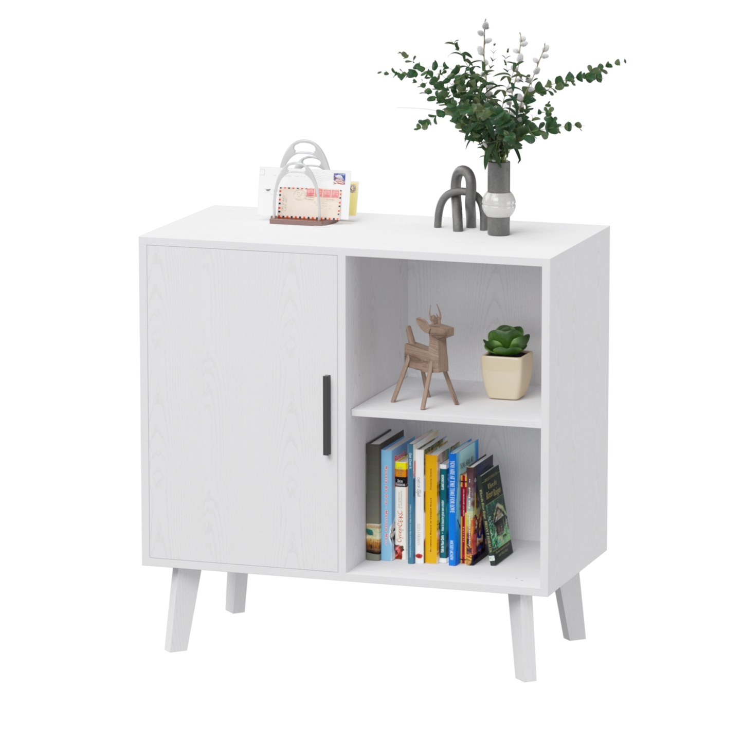 Wood Storage Cabinet, Modern Accent Buffet Cabinet, Free Standing Sideboard and Buffet Storage with Door and Shelves, Buffet Sideboard for Bedroom, Living Room, Kitchen or Hallway (White)