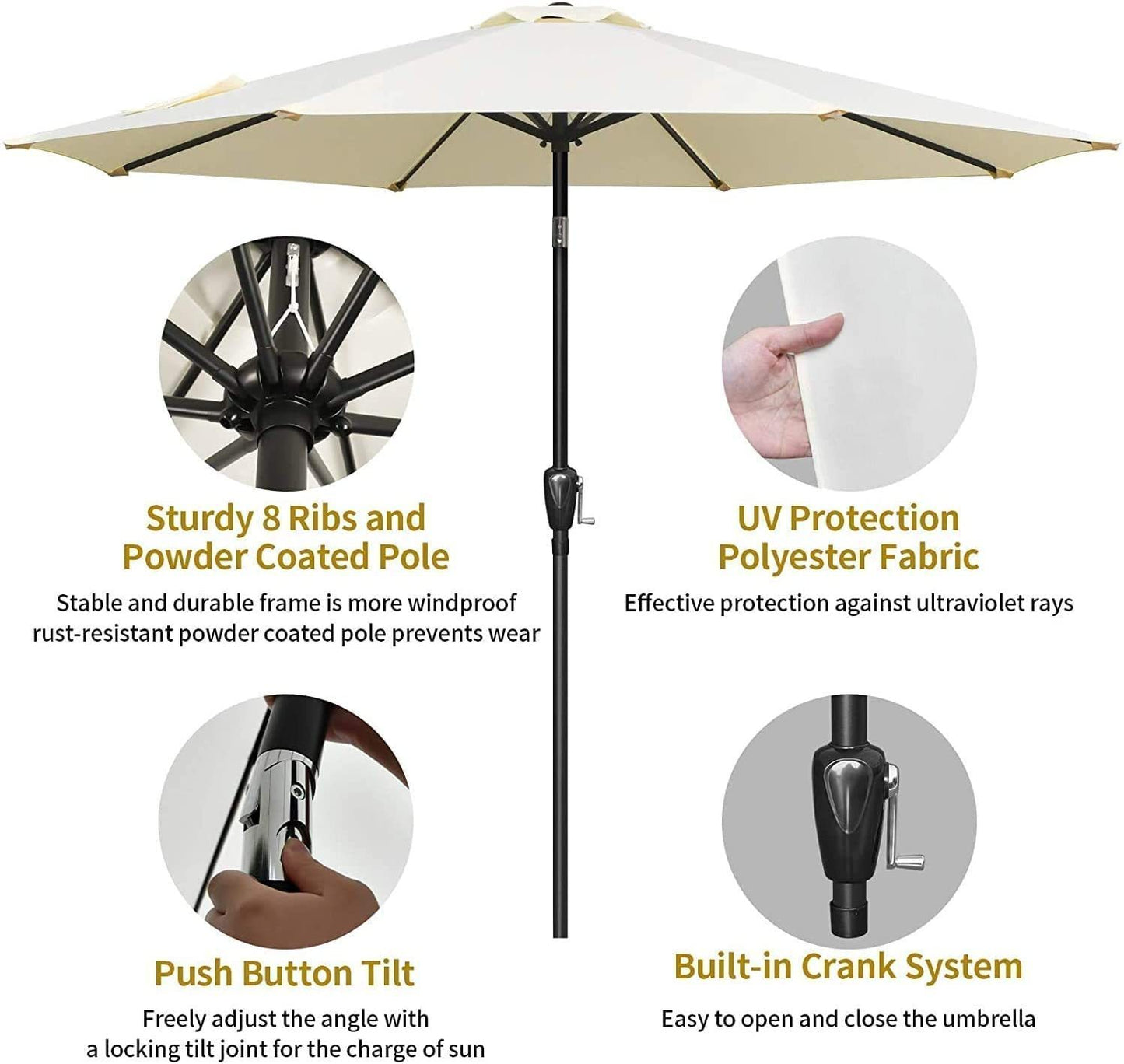 Simple Deluxe 9ft Outdoor Market Table Patio Umbrella with Button Tilt, Crank and 8 Sturdy Ribs for Garden,  Beige
