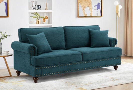 Modern Sofa for Living Room, 82" Green Chenille Sofa Couch, Sectional Love Seat Couch with Brown Legs, Upholstered Sofa for Apartment Bedroom Home Office