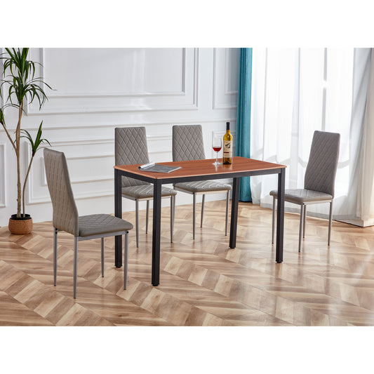 Retro style dining table and chair hotel dining table and chair conference chair outdoor activity chair pu leather high elastic fireproof sponge dining table and chair 5-piece set(light coffee+gray)