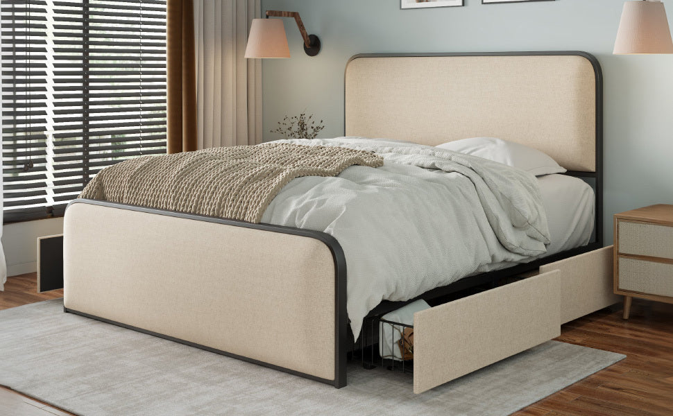 Modern Metal Bed Frame with Curved Upholstered Headboard and Footboard Bed with 4 Storage Drawers, Heavy Duty Metal Slats, Queen Size, Beige