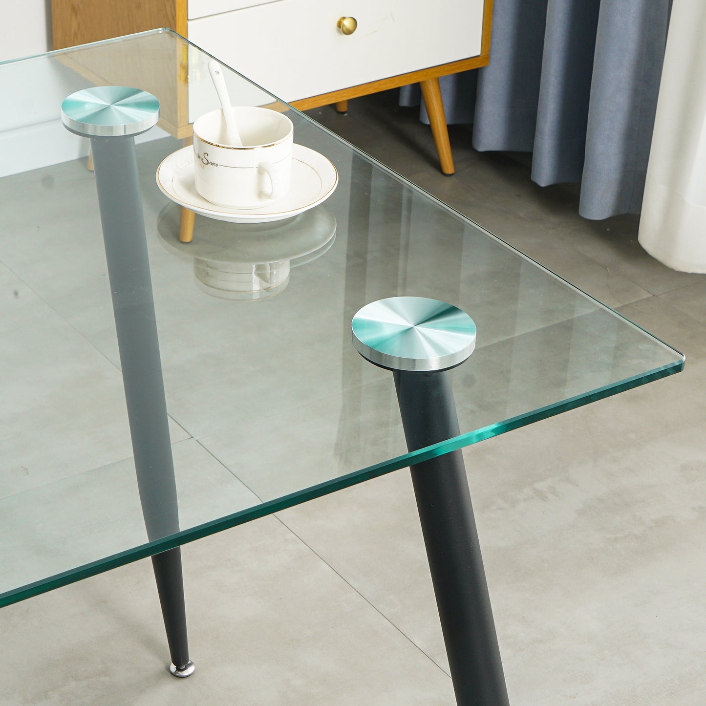 Kitchen Dining Room Table 10mm transparent clear Glass Black powder coated Metal legs