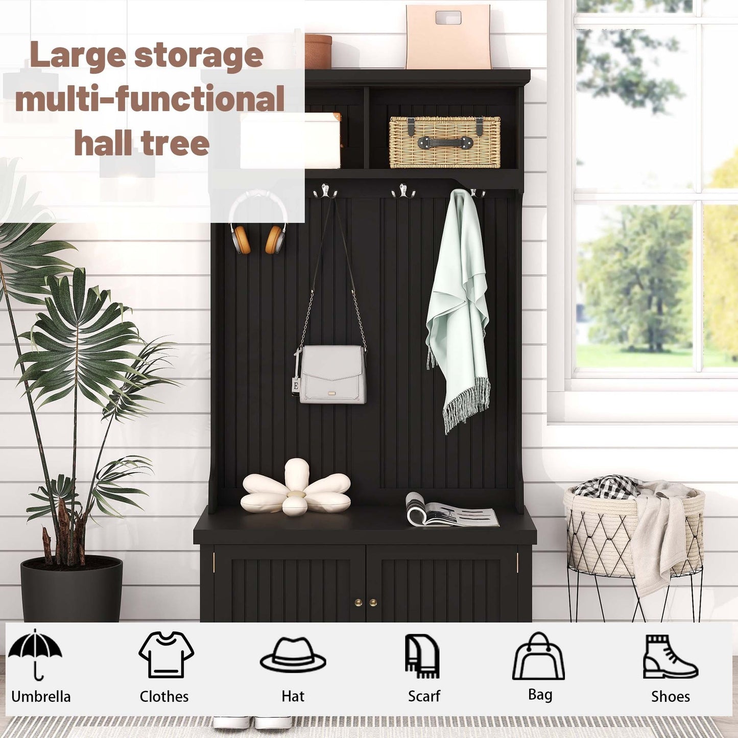 Hall Tree with Storage Shoe Bench for Entryway and Hallway, 4-in-1 Design Coat Racks with 4 Hooks for Living Room, Black