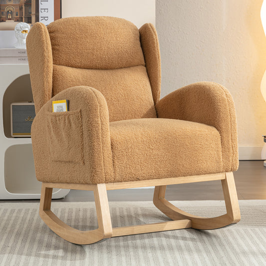 049-Teddy Fabric Rocking Chair With Packet Wood Legs,Khaki