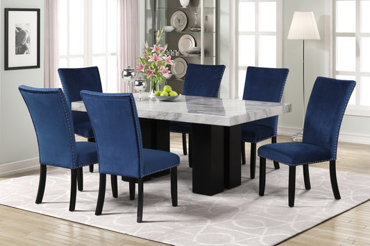 7-piece Dining Table Set with 1 Faux Marble Dining Rectangular Table and 6 Upholstered-Seat Chairs ,for Dining room and Living Room ,Blue