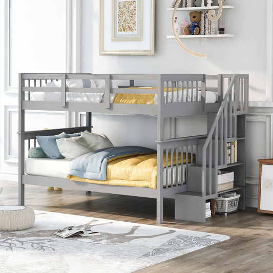 Stairway Full-Over-Full Bunk Bed with Storage and Guard Rail for Bedroom, Dorm, Gray(OLD SKU:LP000110AAE)