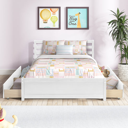 Full Size Wood Platform Bed Frame with 4 Storage Drawers and Headboard of White Color for All Ages