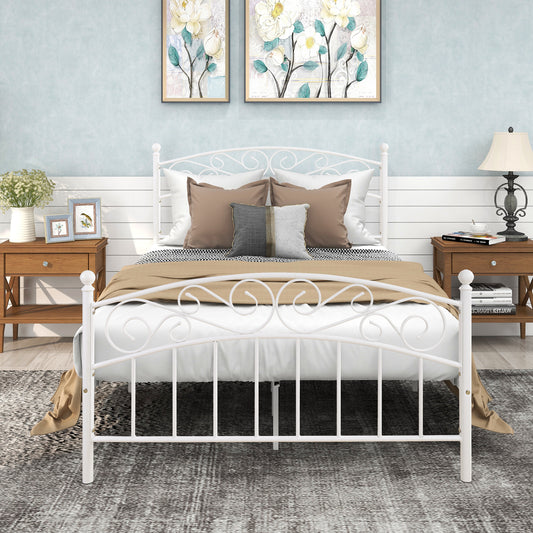 Metal bed frame platform  with headboard and footboard, heavy duty and quick assembly, Full  White