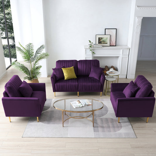 Mid Century Modern Sectional Sofa Set, Couch Sets for Living Room 3 Pieces, 2 Piece Fabric Arm Chair and 1 Piece Loveseat Set For Living Room, Purple Velvet