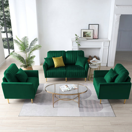 3 Pieces Sectional Sofa Set for Living Room, Velvet Tufted Couch Sofa Armchair with Metal Legs, 2 Piece Single Chair + 2-Seater Sofa, Furniture Set, Green
