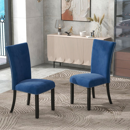 Set of 2 Dining Chairs, Velvet-upholstered Chairs with Nailhead-trimmed, Rubber Wood Legs . Blue, size:19.75" W x26.5" D x40.75"H