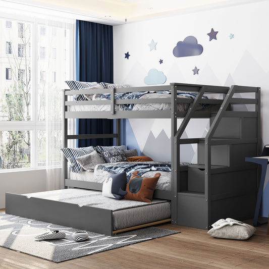 Twin-Over-Twin Bunk Bed with Twin Size Trundle and 3 Storage Stairs,Gray (OLD SKU :LP000064AAE)