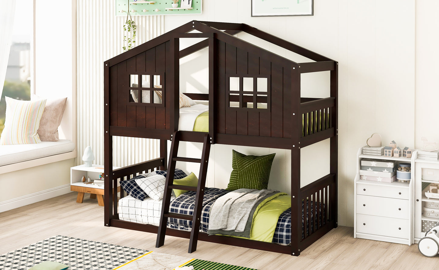 Twin Over Twin House Bunk Bed With Ladder, Wood Bed-Espresso