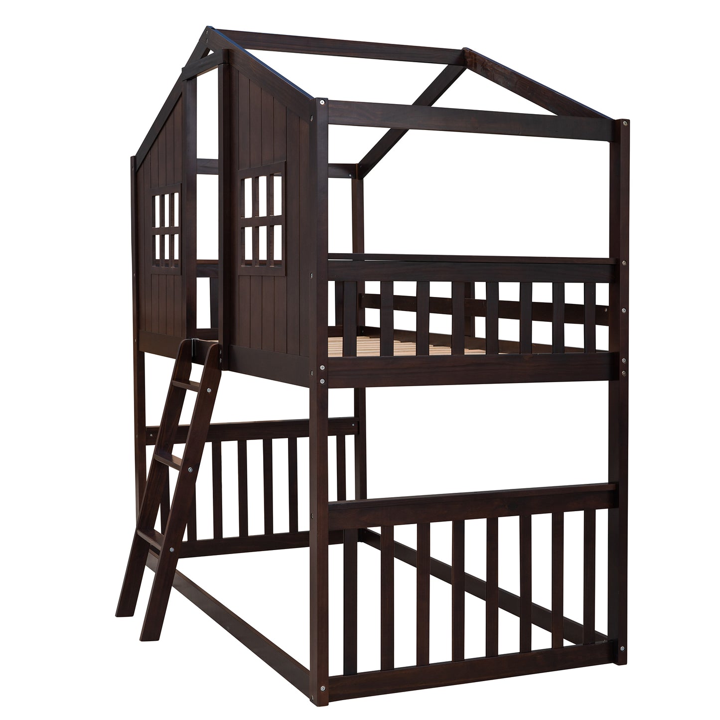 Twin Over Twin House Bunk Bed With Ladder, Wood Bed-Espresso