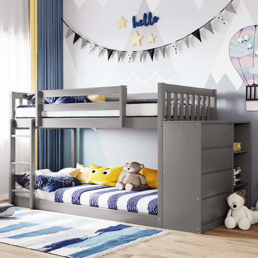 Twin over Twin Bunk Bed with 4 Drawers and 3 Shelves-Gray（OLD SKU: LP000067AAE）