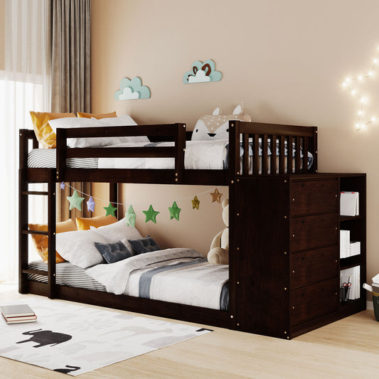 Twin over Twin Bunk Bed with 4 Drawers and 3 Shelves-Espresso(OLD SKU: LP000067AAP)