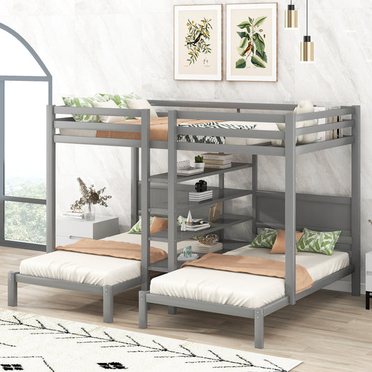 Full XL over Twin&Twin Bunk Bed with Built-in Four Shelves and Ladder,Gray
