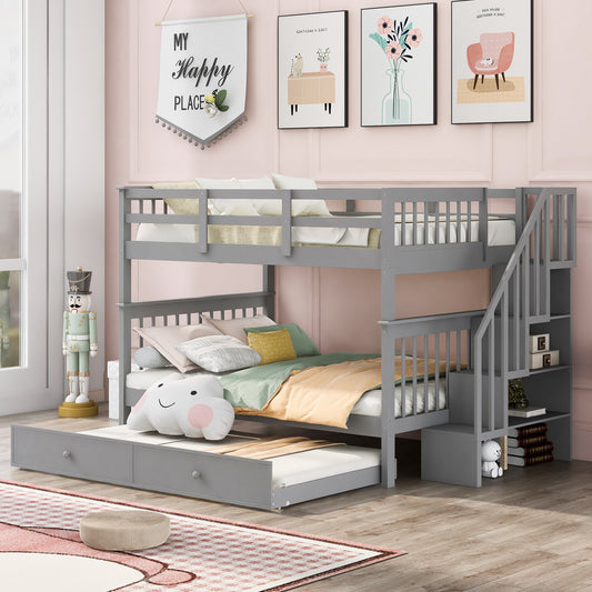 Stairway Full-Over-Full Bunk Bed with Twin size Trundle, Storage and Guard Rail for Bedroom, Dorm - Gray(OLD SKU :LP001210AAE)
