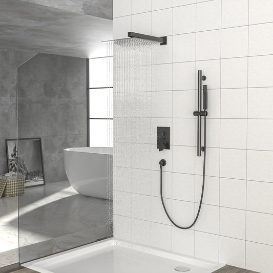 Shower System with Adjustable Slide Bar,12 Inch Wall Mounted Square Shower System with Rough-in Valve,Matte black