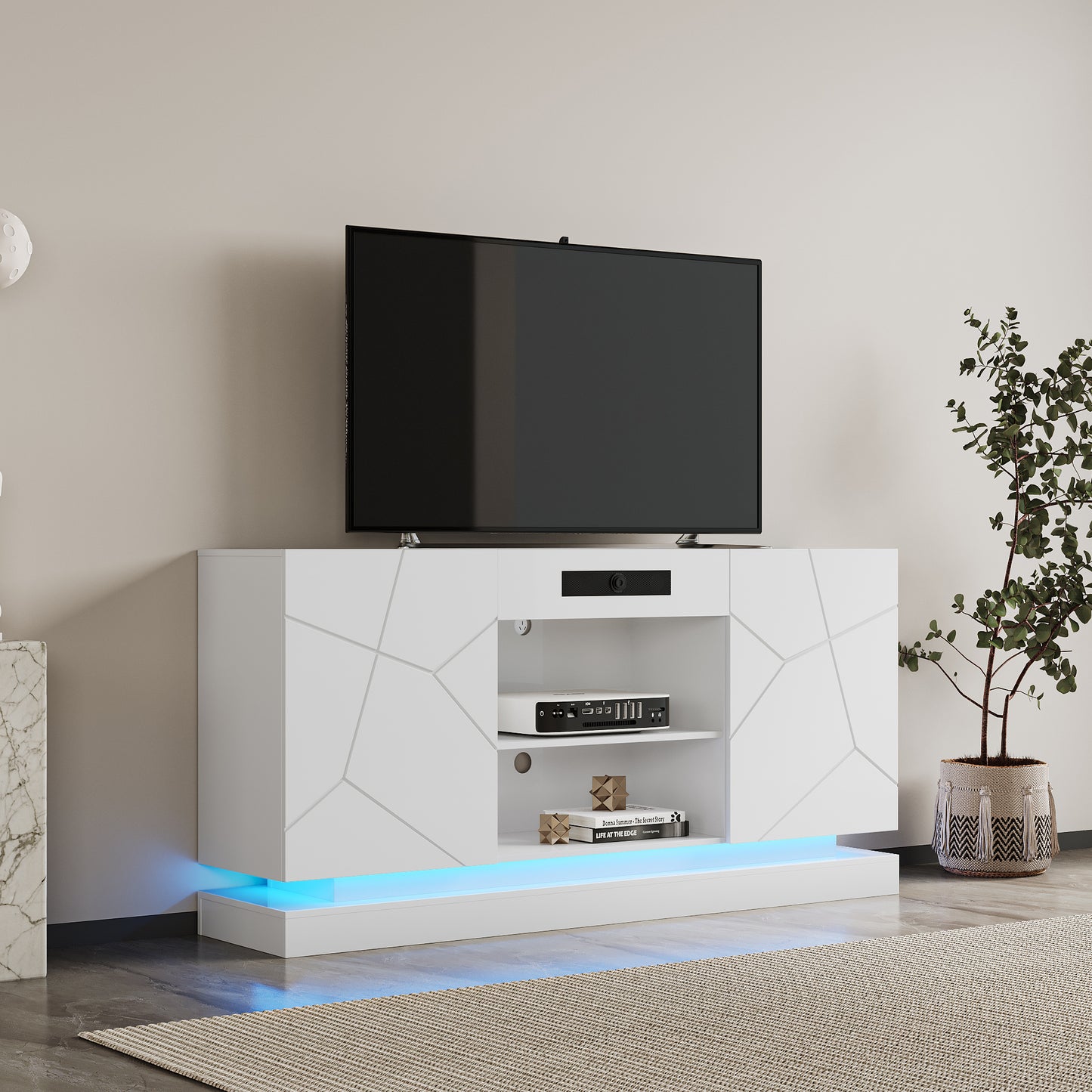 TV Cabinet , TV Stand with bluetooth speaker , Modern LED TV Cabinet with Storage Drawers, Living Room Entertainment Center Media Console Table