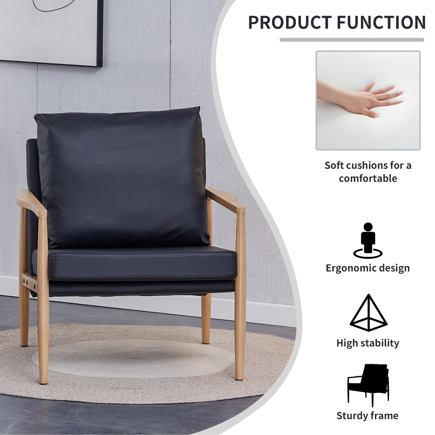 Sofa Chair.Black PU Leather Accent Arm Chair Mid Century Modern Upholstered Armchair with Imitation solid wood color Metal Frame Padded Backrest and Seat Cushion Sofa Chairs for Living Room SF-010