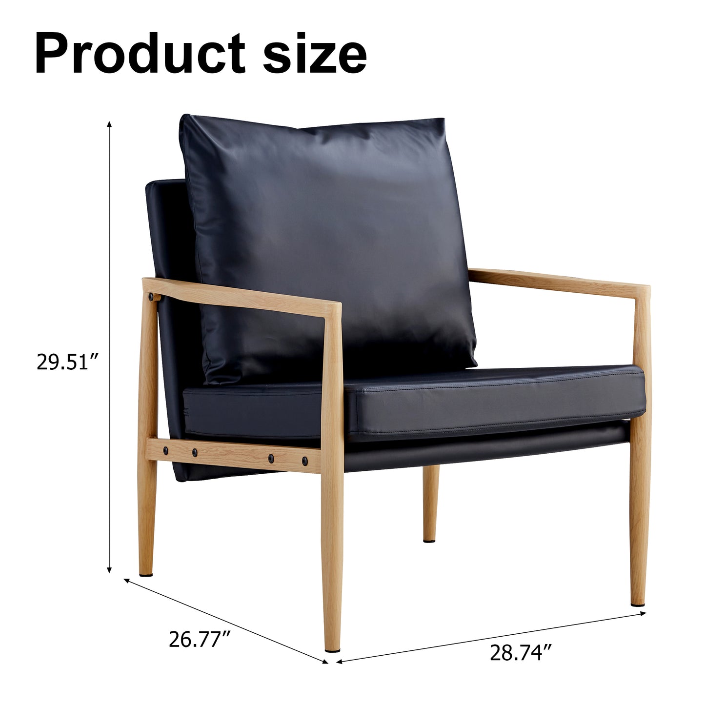 Sofa Chair.Black PU Leather Accent Arm Chair Mid Century Modern Upholstered Armchair with Imitation solid wood color Metal Frame Padded Backrest and Seat Cushion Sofa Chairs for Living Room SF-010