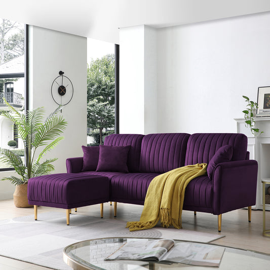 Purple Velvet Reversible Back Sectional Sofa Couch L Shape Sofa Couch Three-seat Sofa with Ottoman