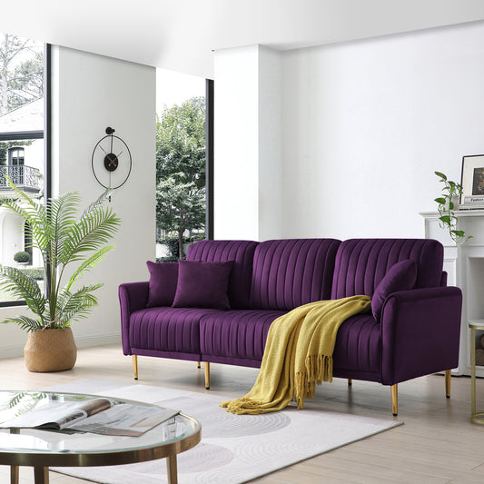 Modern Velvet Sofa Couch For Living Room Purple Upholstered Couch 3 Seater Sofa With 3 Throw Pillows and Gold Metal Legs