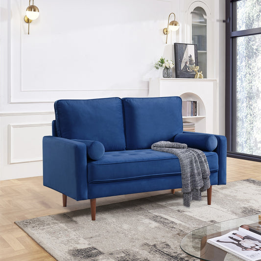 57.1” Upholstered Sofa Couch Furniture, Modern Velvet Loveseat, Tufted 3-seater Cushion with Bolster Pillows - Blue