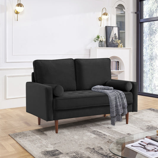 57.1” Upholstered Sofa Couch Furniture, Modern Velvet Loveseat, Tufted 3-seater Cushion with Bolster Pillows - Black